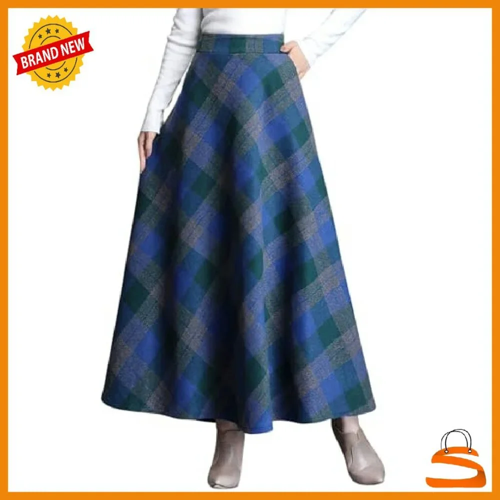 Wool Plaid Maxi Skirt High Waist A-Line Pleated with Pockets - Picture 2 of 6